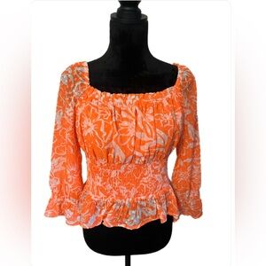 Biba Neon Orange Floral Smocked Blouse- Medium